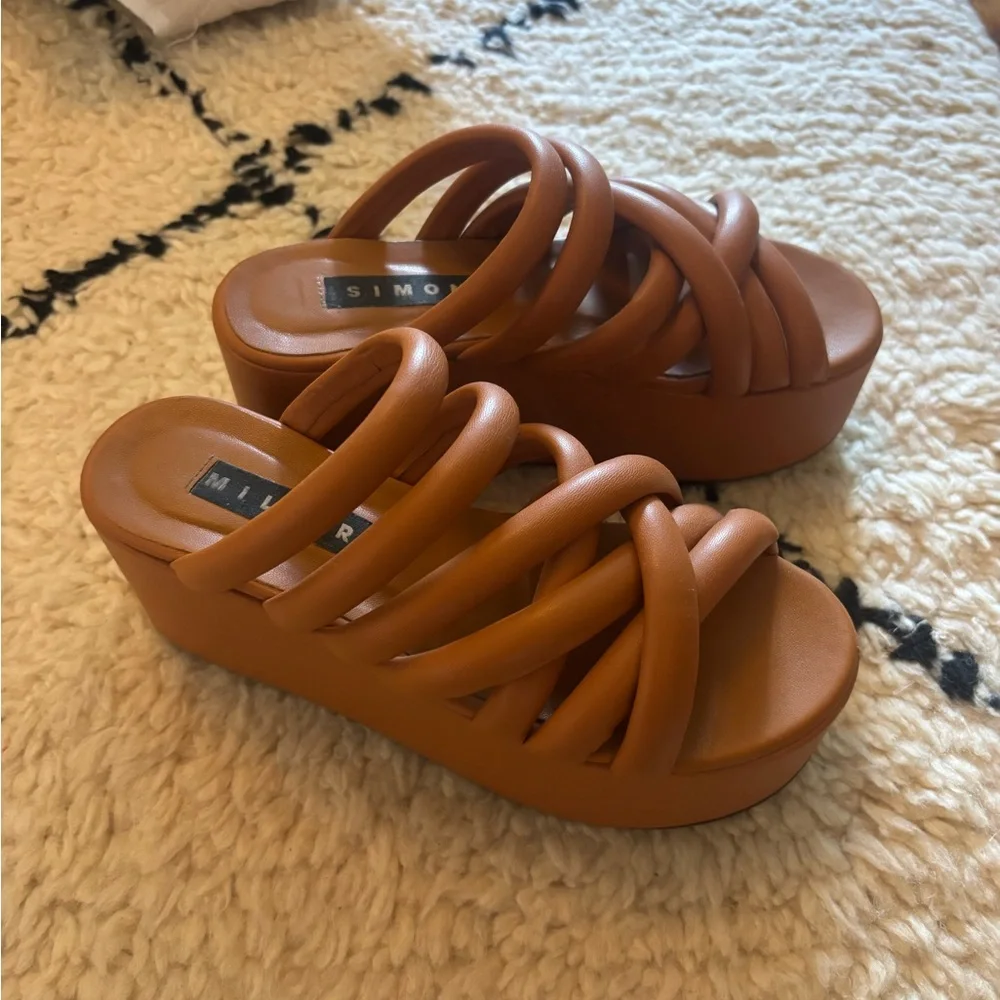 SIMON MILLER Cognac Padded-Strap Platform Slides - Picture 1 of 8